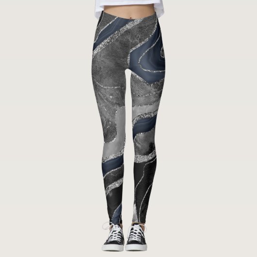 Navy Blue Black Marble Agate Silver Glitter Glam 2 Leggings (Voorkant)