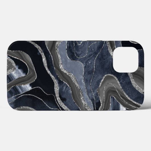 Navy Blue Black Marble Agate Silver Glitter Glam Case-Mate iPhone Case (Achterkant (horizontaal))