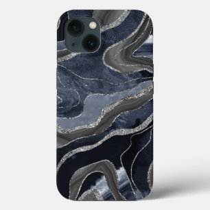 Navy Blue Black Marble Agate Silver Glitter Glam Case-Mate iPhone Case