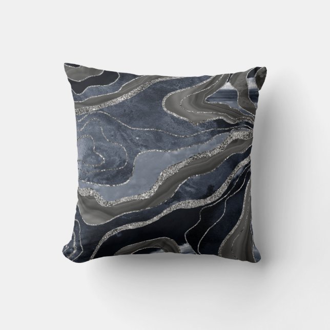 Navy Blue Black Marble Agate Silver Glitter Glam Kussen (Voorkant)