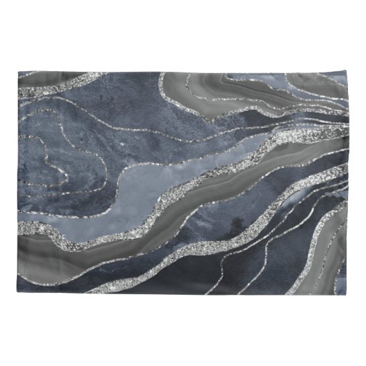 Navy Blue Black Marble Agate Silver Glitter Glam Kussensloop (Achterkant)