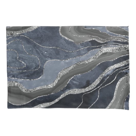 Navy Blue Black Marble Agate Silver Glitter Glam Kussensloop (Voorkant)