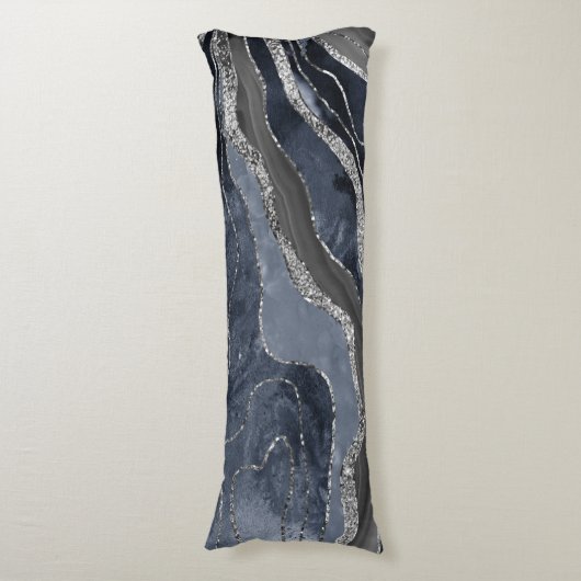 Navy Blue Black Marble Agate Silver Glitter Glam Lichaamskussen (Voorkant Verticaal)