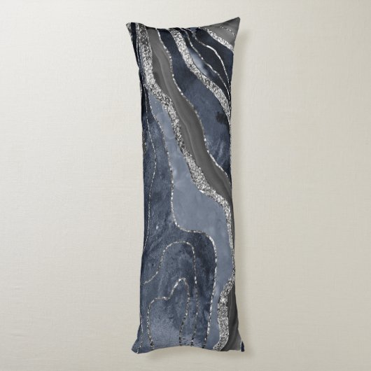 Navy Blue Black Marble Agate Silver Glitter Glam Lichaamskussen (Achterkant (Verticaal))