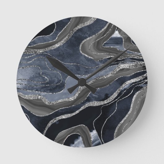 Navy Blue Black Marble Agate Silver Glitter Glam Ronde Klok (Voorkant)