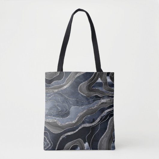 Navy Blue Black Marble Agate Silver Glitter Glam Tote Bag (Voorkant)