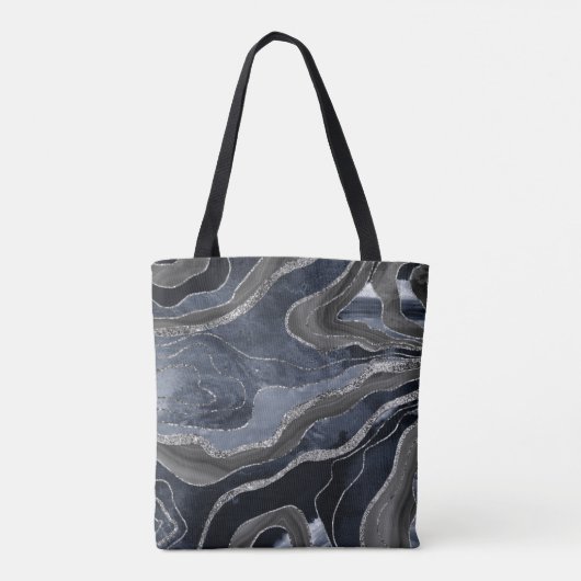 Navy Blue Black Marble Agate Silver Glitter Glam Tote Bag (Achterkant)