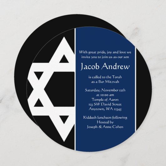 Navy Blue Black Star van David Round Bar Mitzvah Kaart (Voorkant / Achterkant)