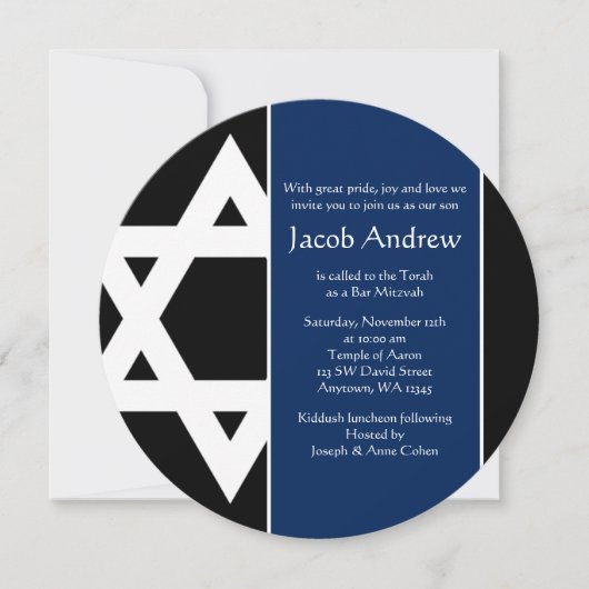 Navy Blue Black Star van David Round Bar Mitzvah Kaart (Voorkant)