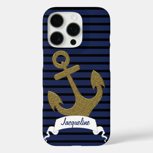 Navy Blue Black Stripes Gold Anchor Ribbon Naam Case-Mate iPhone Case (Achterkant)