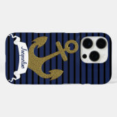 Navy Blue Black Stripes Gold Anchor Ribbon Naam Case-Mate iPhone Case (Achterkant (horizontaal))