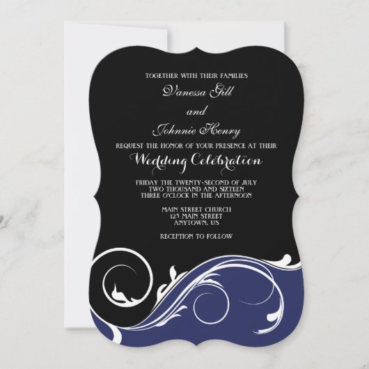 Navy Blue Black Swirl Bracket Wedding Invites Kaart (Voorkant)