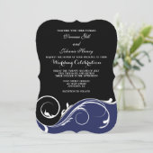 Navy Blue Black Swirl Bracket Wedding Invites Kaart (Staand voorkant)