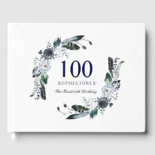 Navy Blue Black White Floral 100th Birthday Gastenboek