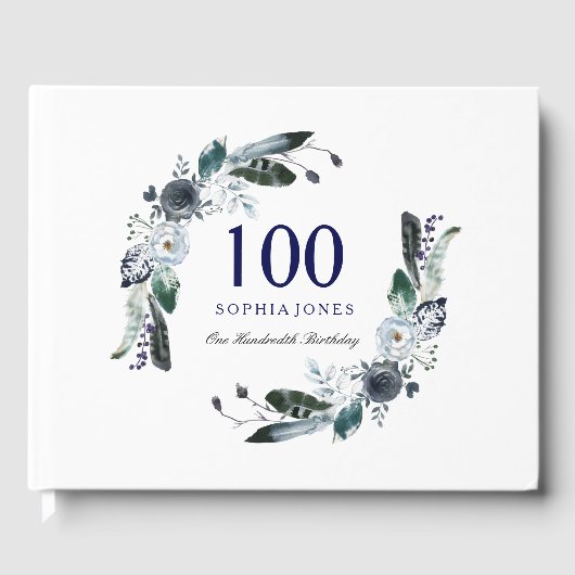 Navy Blue Black White Floral 100th Birthday Gastenboek (Voorkant)