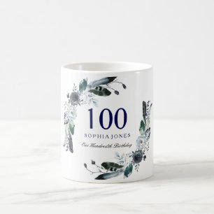 Navy Blue Black White Floral 100th Birthday Gift Koffiemok