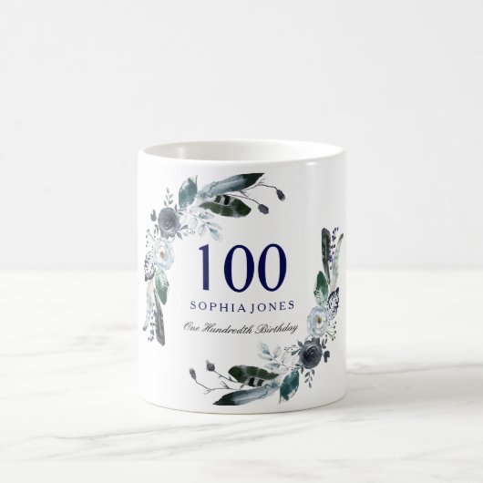 Navy Blue Black White Floral 100th Birthday Gift Koffiemok (Center)