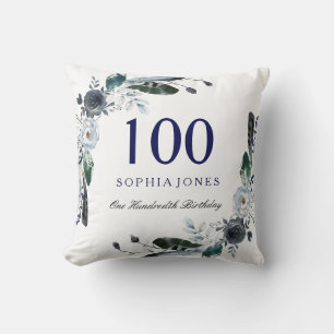 Navy Blue Black White Floral 100th Birthday Gift Kussen