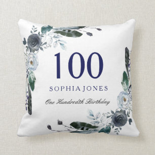 Navy Blue Black White Floral 100th Birthday Gift Kussen