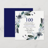 Navy Blue Black White Floral 100th Birthday Invite Kaart (Voorkant / Achterkant)