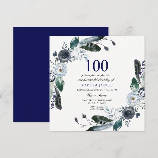 Navy Blue Black White Floral 100th Birthday Invite Kaart