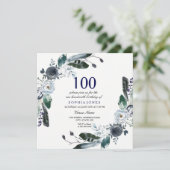 Navy Blue Black White Floral 100th Birthday Invite Kaart