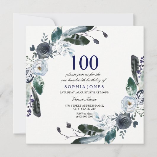 Navy Blue Black White Floral 100th Birthday Invite Kaart (Voorkant)