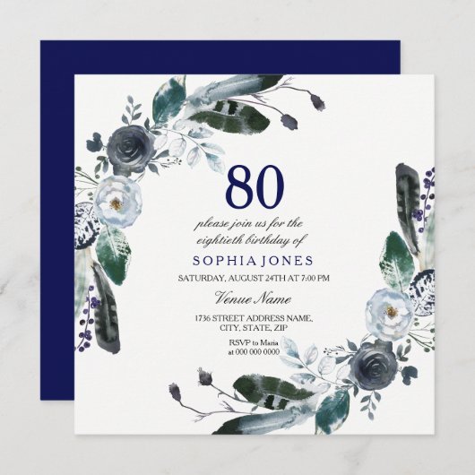 Navy Blue Black White Floral 80th Birthday Invite Kaart (Voorkant / Achterkant)