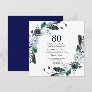 Navy Blue Black White Floral 80th Birthday Invite Kaart