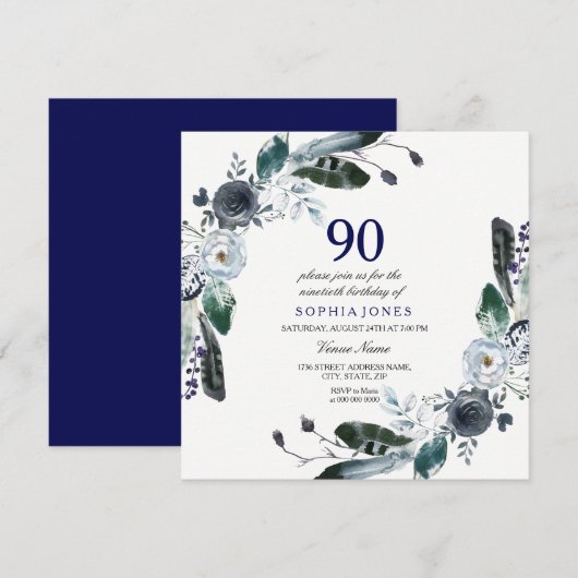Navy Blue Black White Floral 90th Birthday Invite Kaart (Voorkant / Achterkant)