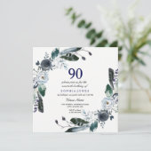 Navy Blue Black White Floral 90th Birthday Invite Kaart (Staand voorkant)