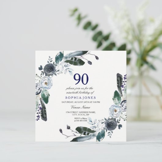 Navy Blue Black White Floral 90th Birthday Invite Kaart (Staand voorkant)
