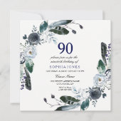 Navy Blue Black White Floral 90th Birthday Invite Kaart (Voorkant)