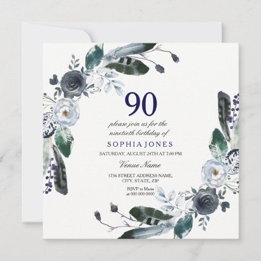 Navy Blue Black White Floral 90th Birthday Invite Kaart (Voorkant)
