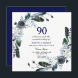 Navy Blue Black White Floral 90th Birthday Invite Kaart<br><div class="desc">Navy Blue Black White Floral 90th Birthday Invite Matching collectie in Niche and Nest store. Boho Chic Navy Blue White Floral Wreaths Roos Waterverf Flowers</div>