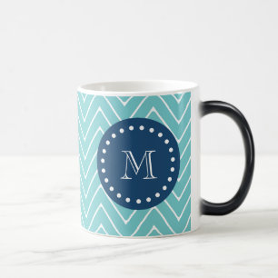Navy Blue, Blauwgroen Chevron Pattern Uw monogra Magische Mok