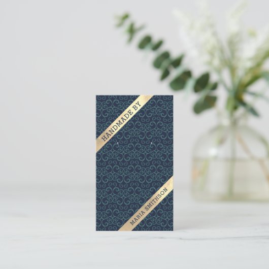 Navy Blue Blauwgroen Damask Pattern die Display Ka Visitekaartje (Staand voorkant)