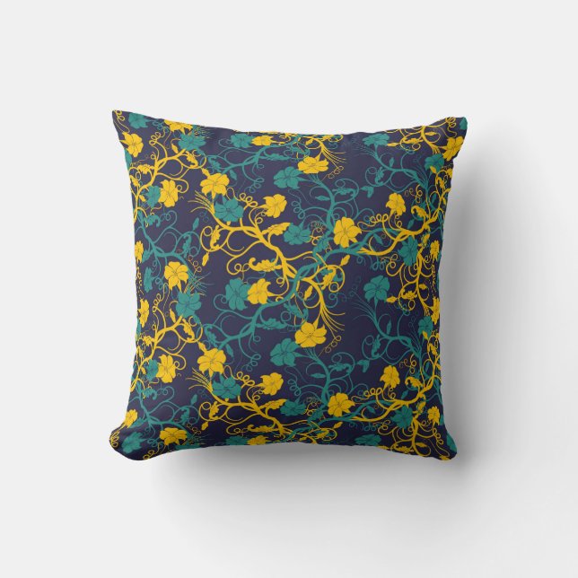 Navy Blue Blauwgroen en geel modern Floral Patroon Kussen (Voorkant)