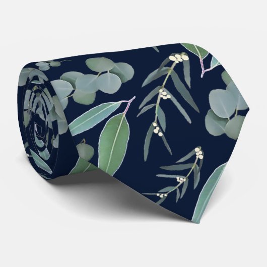 Navy Blue Blauwgroen Eucalyptus Greenery Pattern Stropdas (Opgerold)