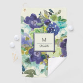 Navy Blue Blauwgroen Lemon Yellow Floral Monogram Golfhanddoek (Insitu)