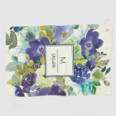 Navy Blue Blauwgroen Lemon Yellow Floral Monogram Golfhanddoek (Horizontaal)