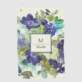 Navy Blue Blauwgroen Lemon Yellow Floral Monogram Golfhanddoek