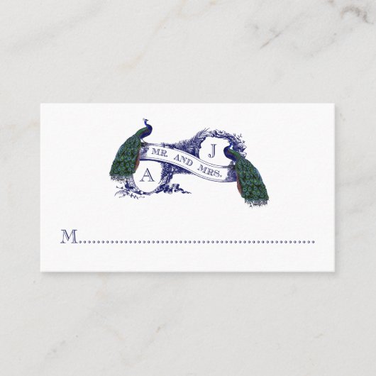 Navy Blue, Blauwgroen Peacock Wedding Place Card Plaatskaartje (Voorkant)