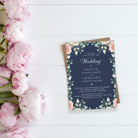 Navy Blue, Bleek roze Floral bruiloft Kaart