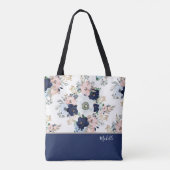 Navy Blue Bloem Roos met Naam Tote Bag (Achterkant)