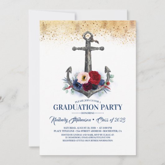 Navy Blue Bloemen Anker Nautisch Afstuderen Kaart (Voorkant)