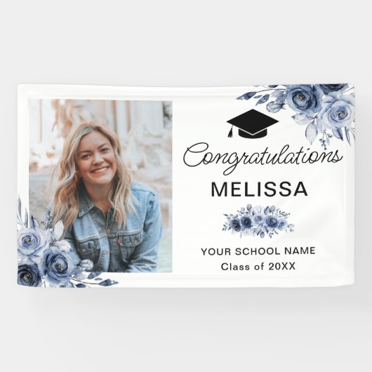 Navy Blue Bloemen Gefeliciteerd Spandoek (Horizontaal)