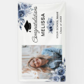 Navy Blue Bloemen Gefeliciteerd Spandoek (Verticaal)