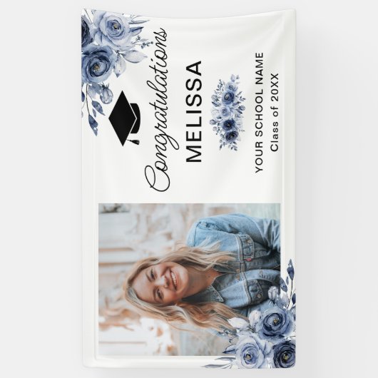 Navy Blue Bloemen Gefeliciteerd Spandoek (Verticaal)