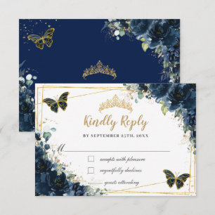 Navy Blue Bloemen Gouden Vlinder Quinceañera Antwo RSVP Kaartje